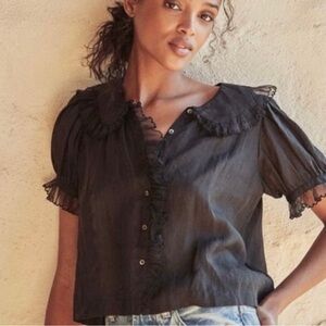 Doen Flute Top Black Ruffled Blouse